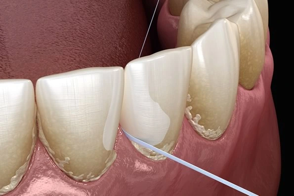 Uso de fio dental para remoção de placa bacteriana entre os dentes, um passo essencial para a manutenção da saúde periodontal e prevenção de gengivite.