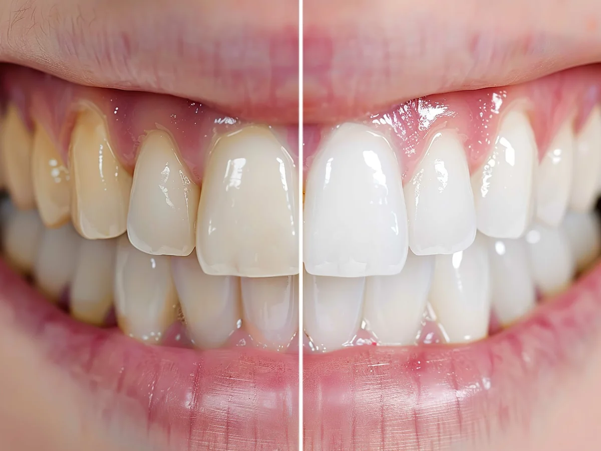 Tratamento de clareamento dental em andamento, visando um sorriso mais branco e saudável.